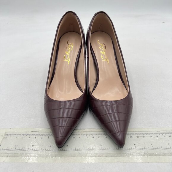 FOWT Brown Solid Croc-Embossed Pointed Toe Women Dressy Slip on MId Heels Pumps - Picture 3 of 8